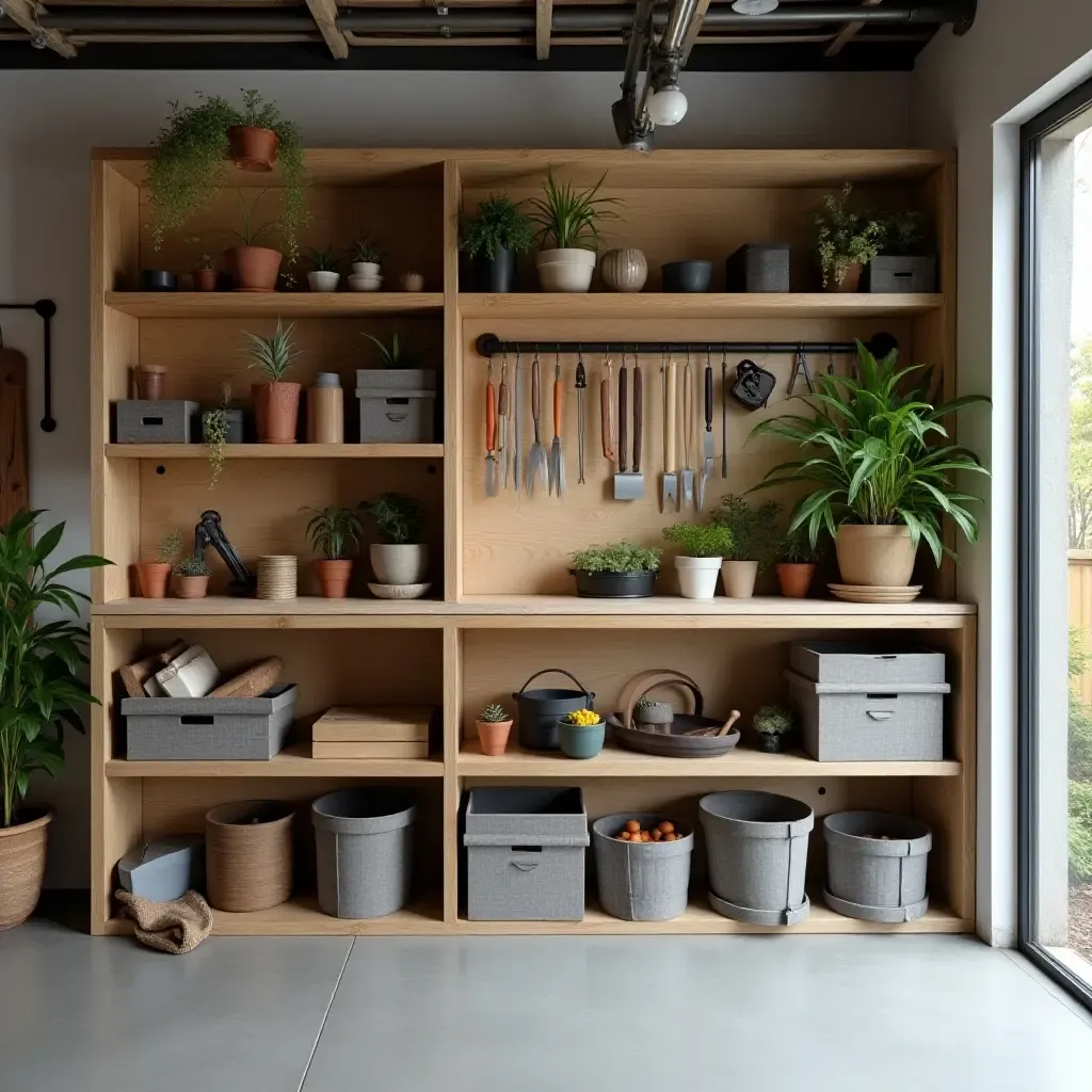 a photo of a modern basement shelving unit with organized tools and plants