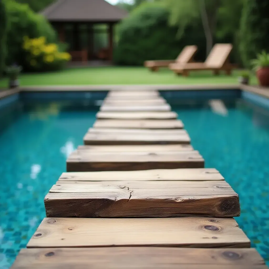 a photo of wooden stepping stones leading to a pool