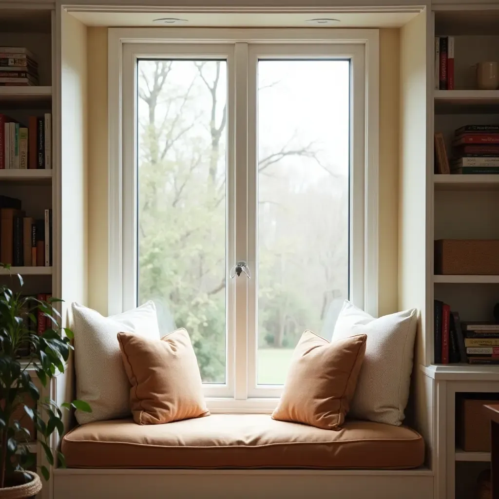 a photo of a cozy window seat with cushions and books