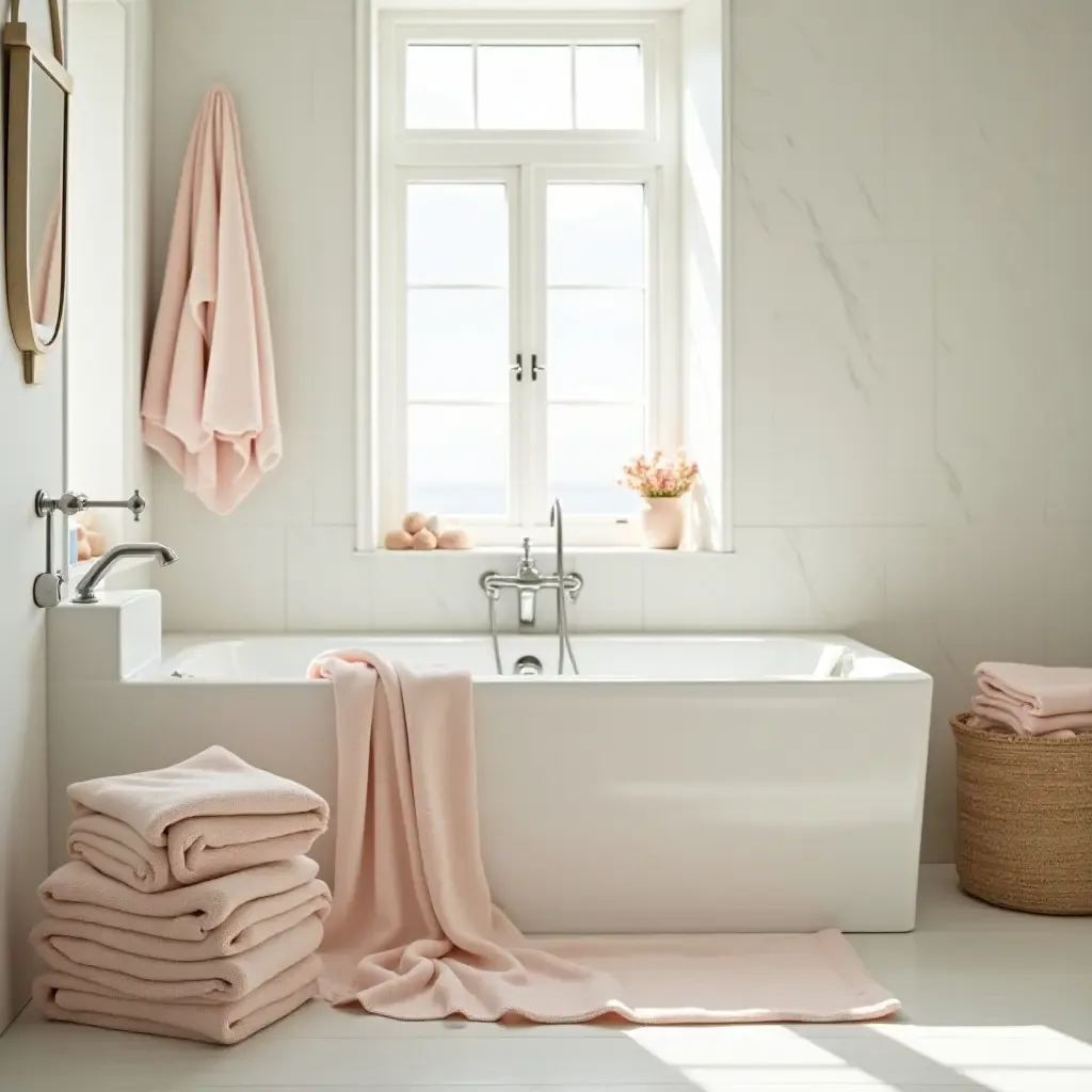 a photo of a bathroom filled with soft, pastel-colored linens