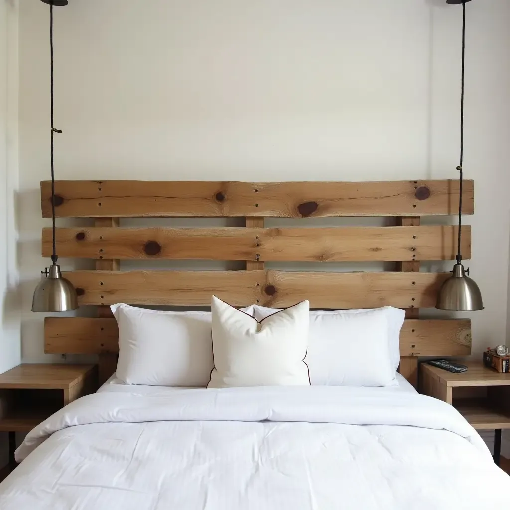 a photo of a unique headboard made from old wood pallets