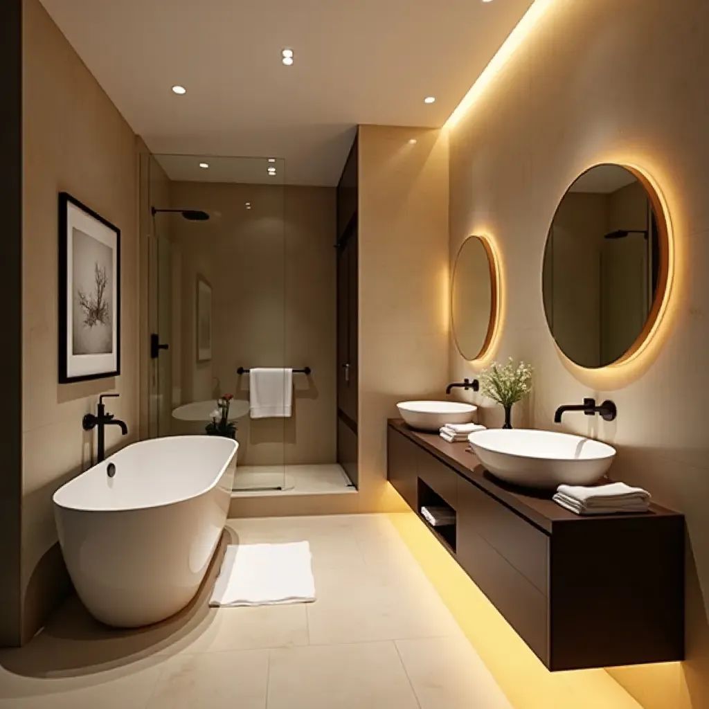 a photo of a bathroom with layered lighting to enhance space and ambiance