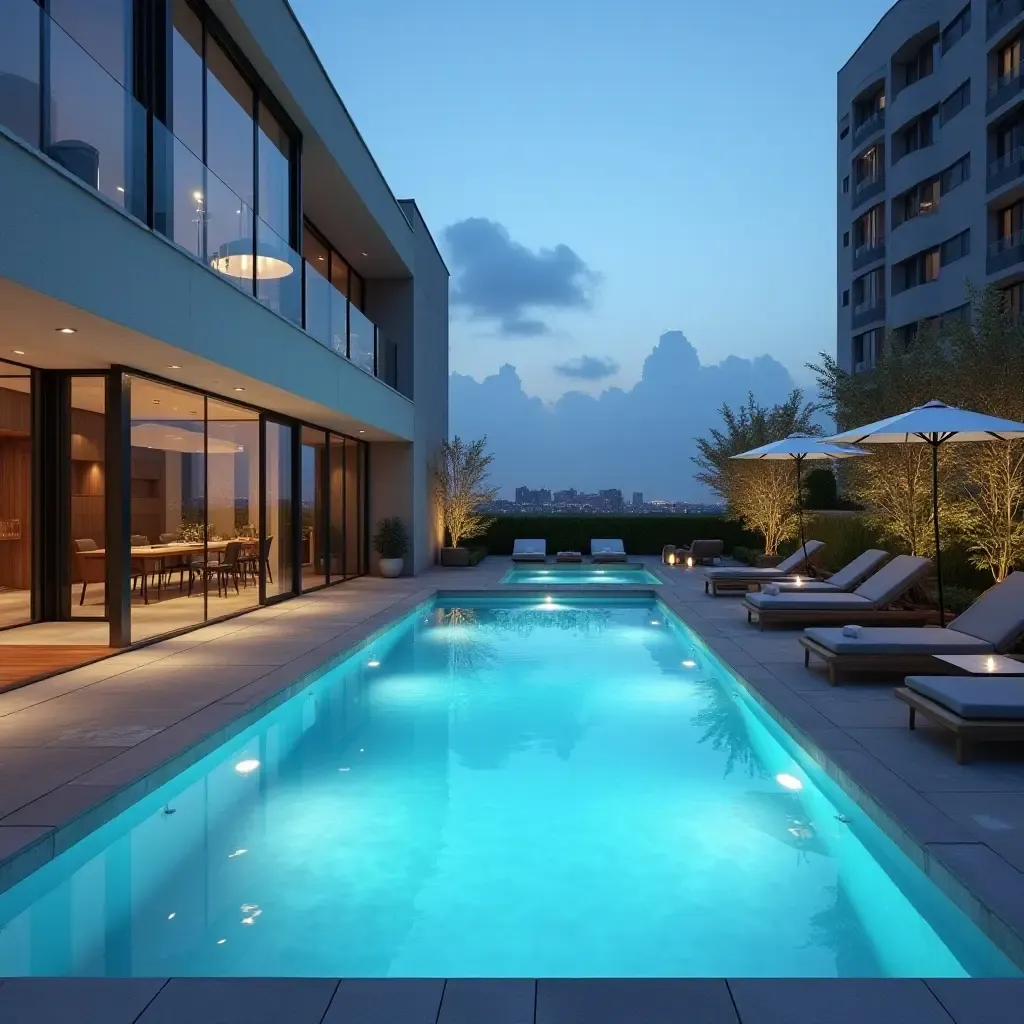 a photo of a chic rooftop pool with modern pendant lights