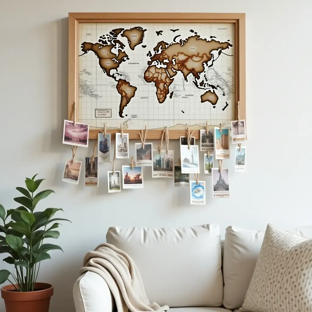 a photo of a travel-themed wall art with postcards