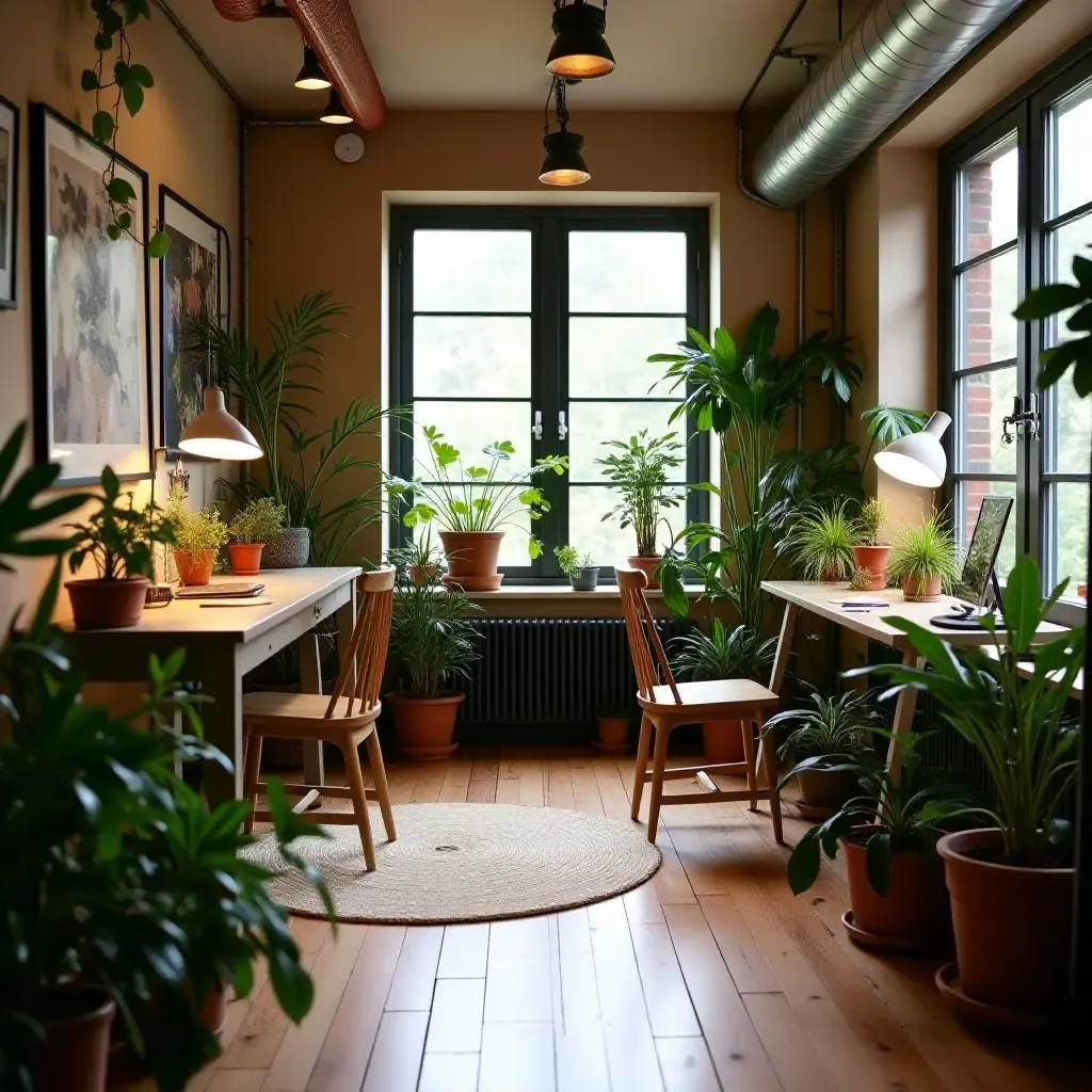 a photo of a basement studio with plants enhancing the creative space