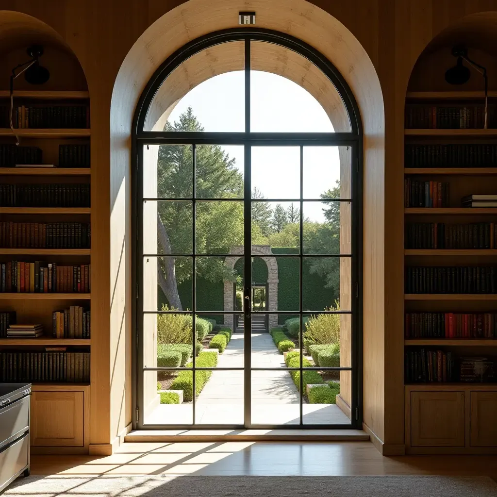 a photo of a library with a large window overlooking a Mediterranean garden