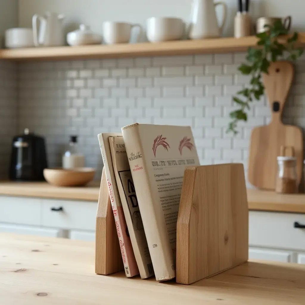 a photo of a wooden cookbook holder in a kitchen