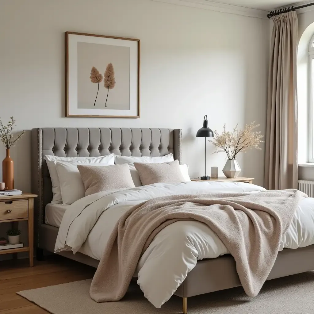 a photo of a cozy farmhouse bedroom with a soft throw blanket and pillows