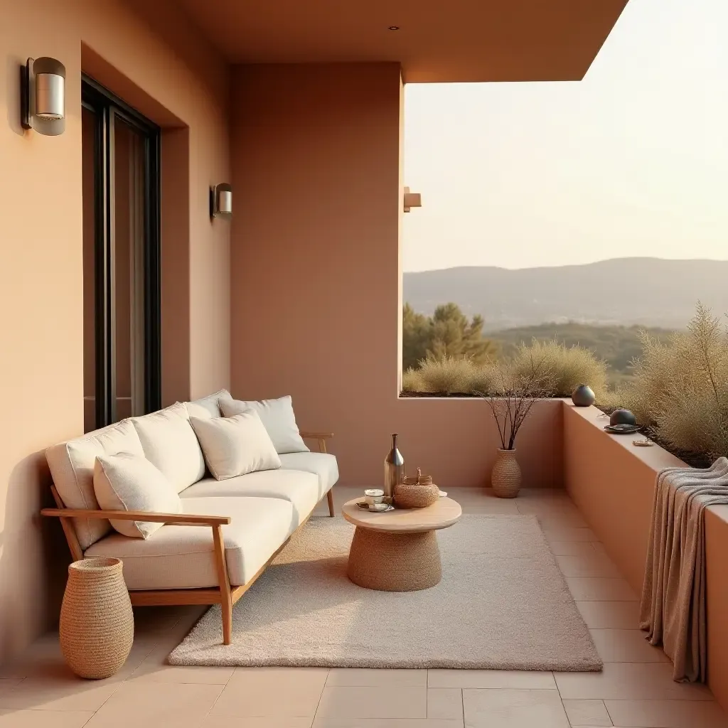 a photo of a cozy balcony with warm terracotta and soft cream textiles