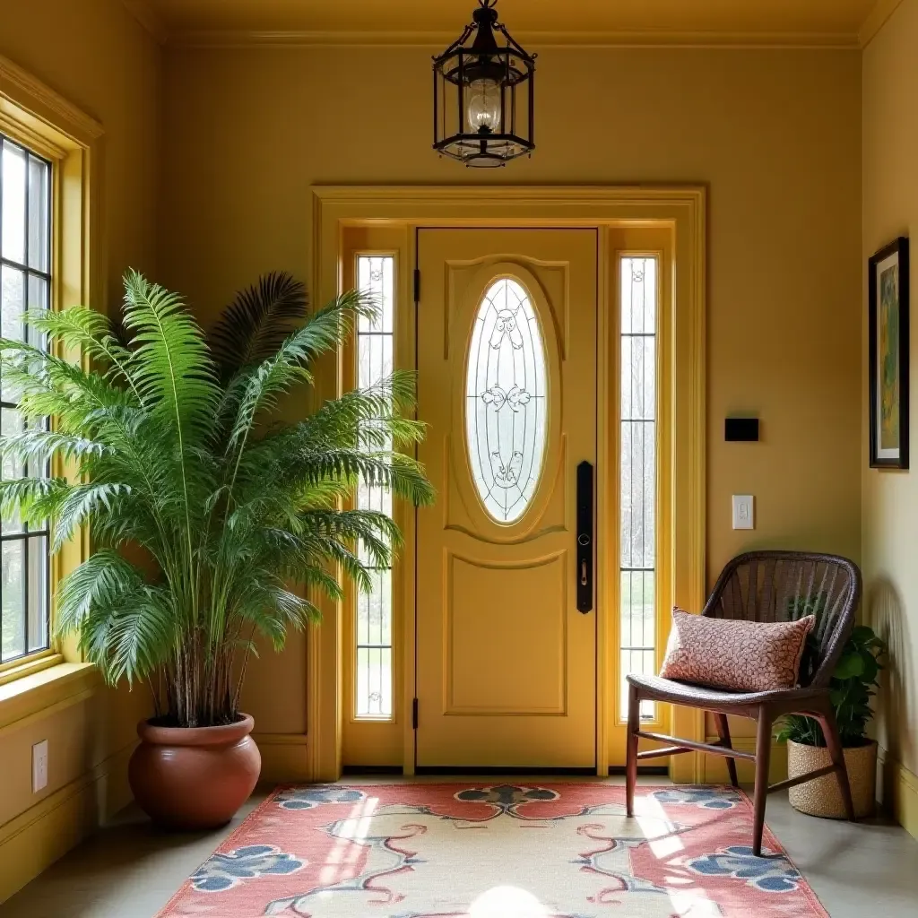 a photo of a vibrant entry hall with a large fern by the front door