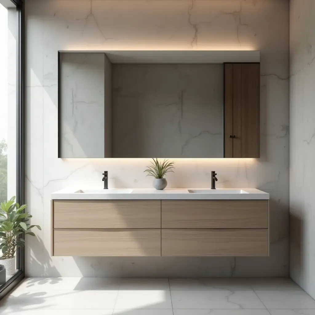 a photo of a sleek bathroom with a floating vanity and large mirror