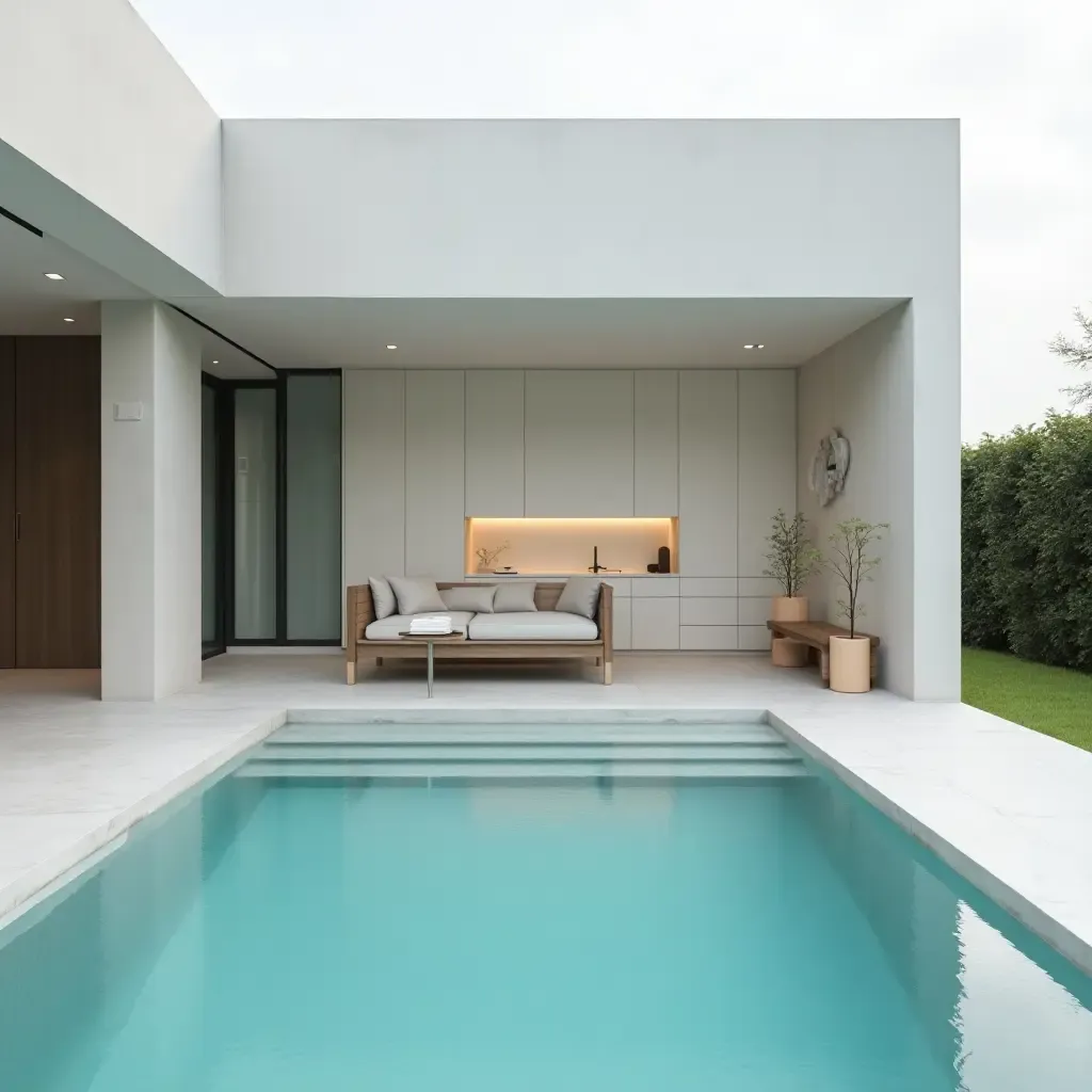 a photo of a minimalist pool area with sleek storage options