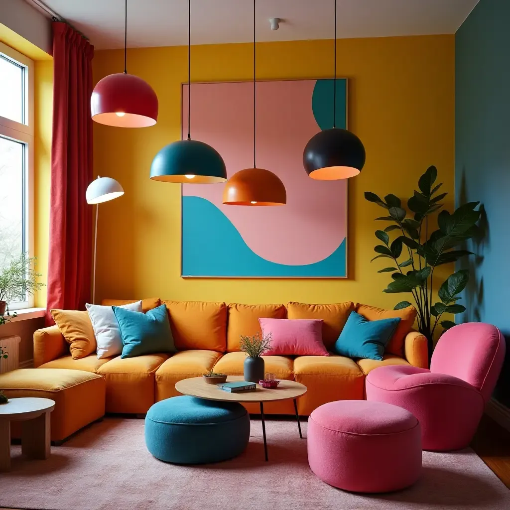 a photo of a colorful living room featuring playful pendant lights and bold decor choices