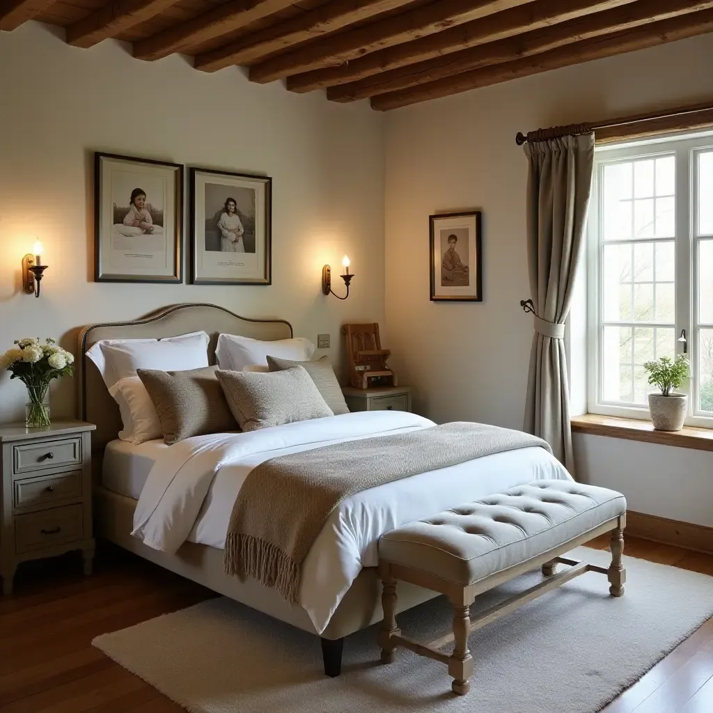 a photo of a rustic farmhouse bedroom with a gallery of family photos