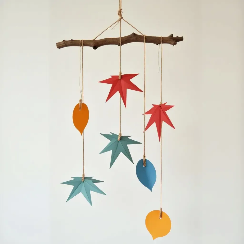 a photo of a mobile made from twigs and colorful paper cutouts