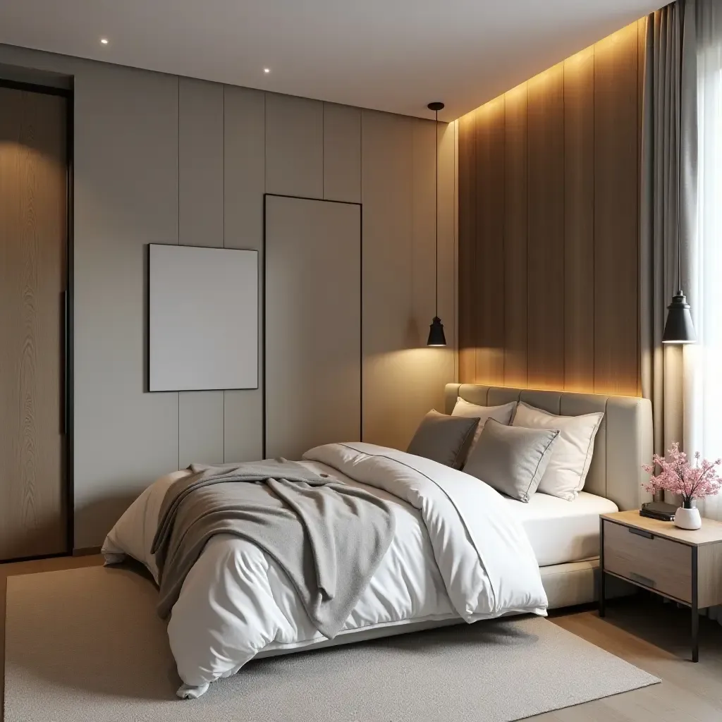 a photo of a stylish shared bedroom with a sliding partition for privacy