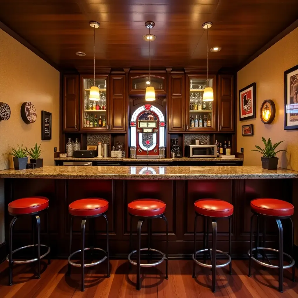 a photo of a vintage-inspired basement bar with retro stools and a jukebox