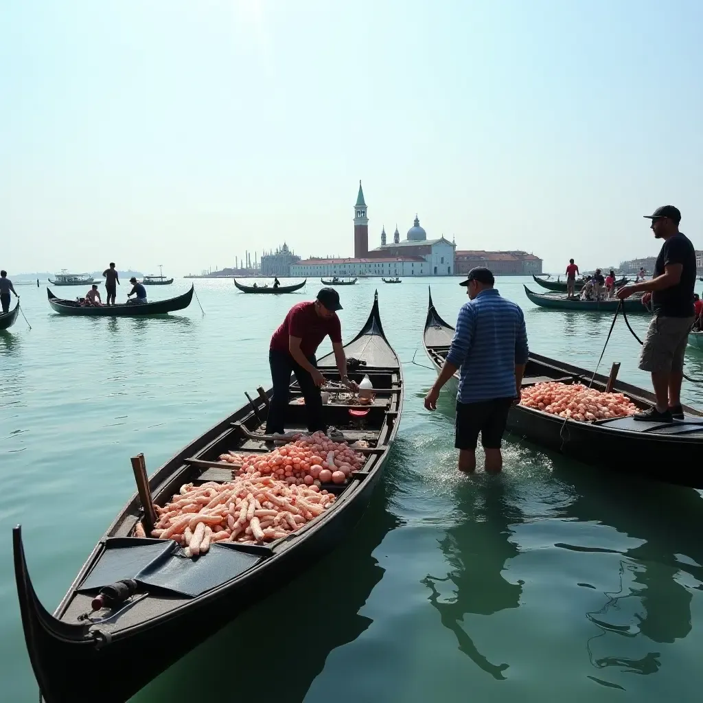 a photo of a serene Venetian lagoon with fishermen preparing fresh seafood for a local feast.