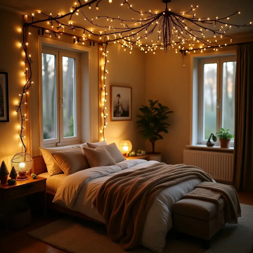 a photo of a dreamy bedroom with twinkling fairy lights and forest-themed accents