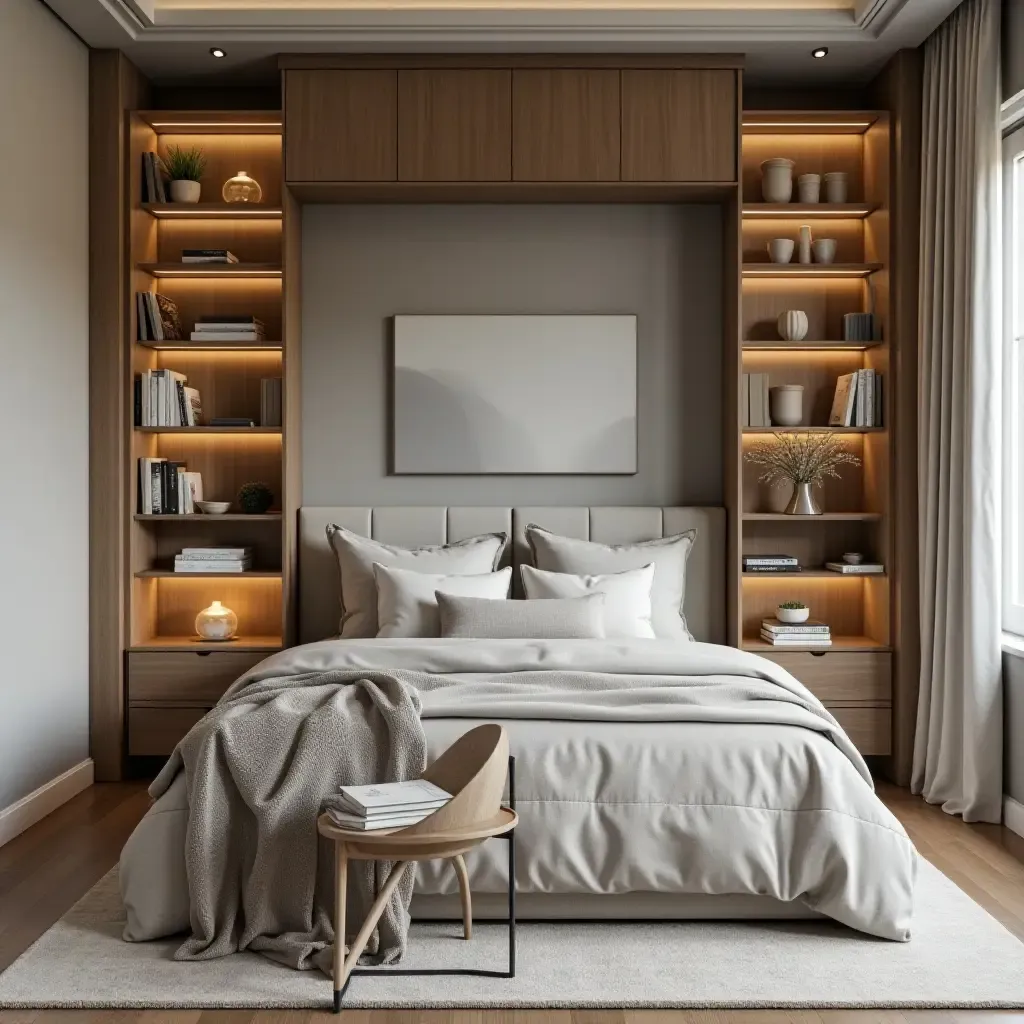 a photo of a cozy bedroom with stylish, open shelving