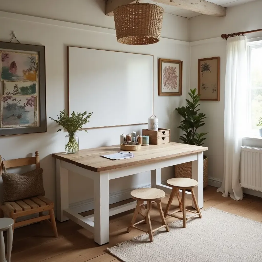 a photo of a rustic playroom with a farmhouse table and craft supplies