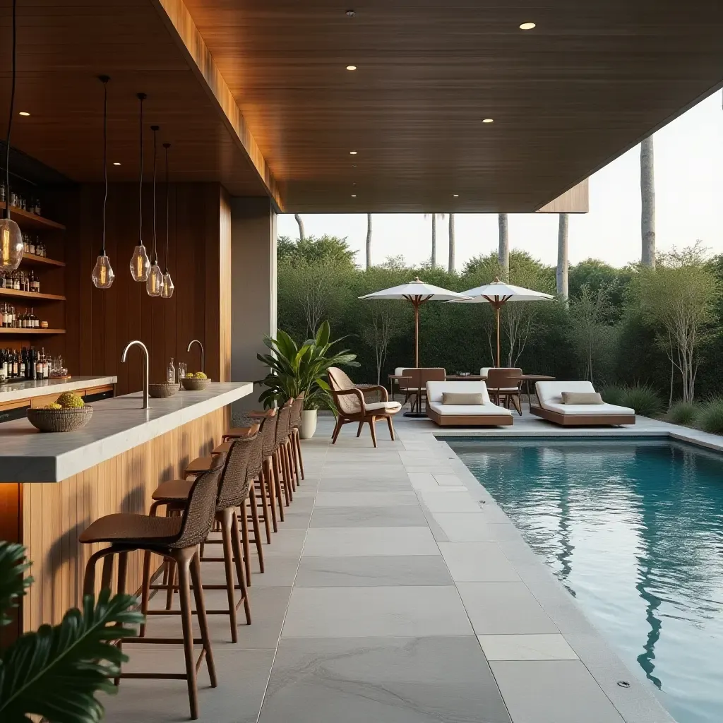 a photo of a chic lounge area with a bar and plush seating by the pool