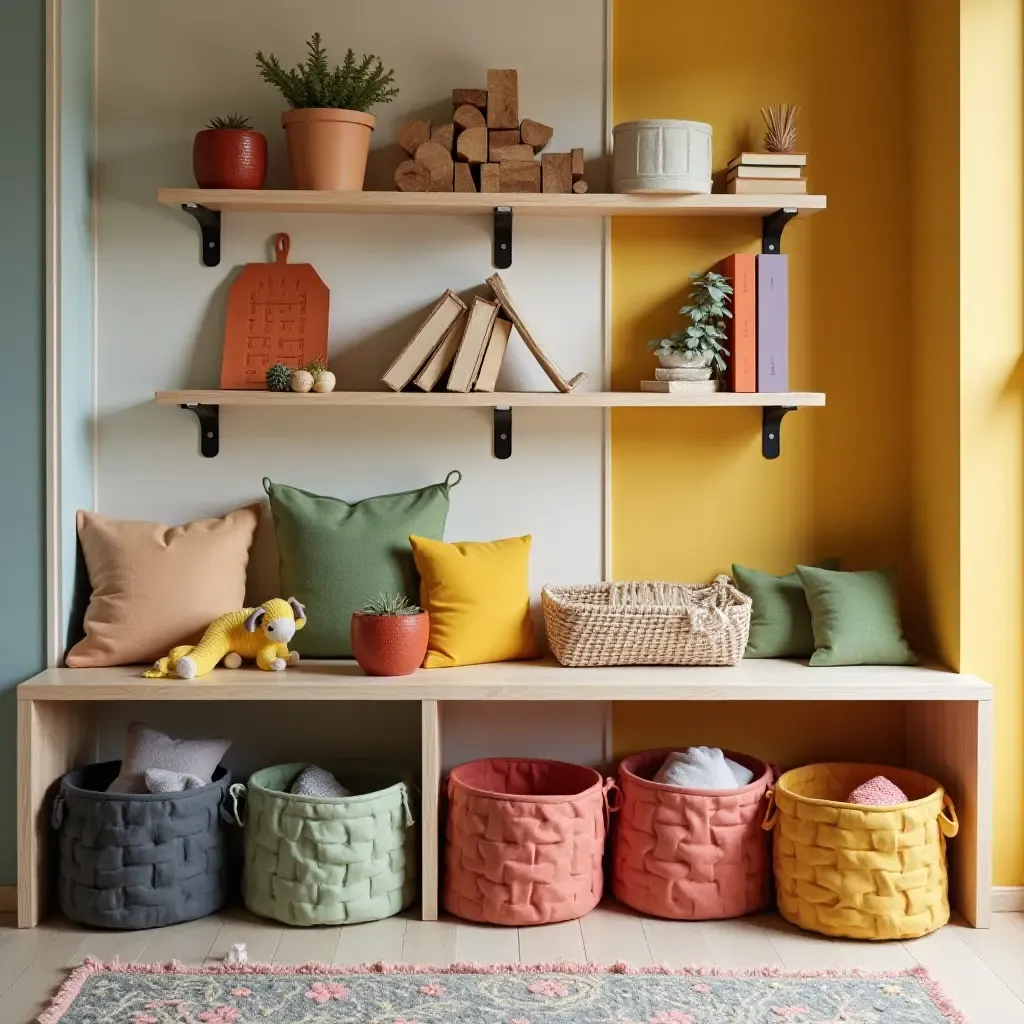 a photo of a colorful space with a wall of storage baskets