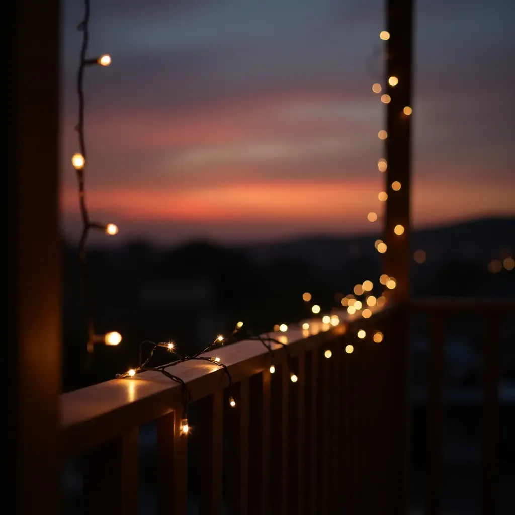 a photo of fairy lights draped across a balcony railing at sunset