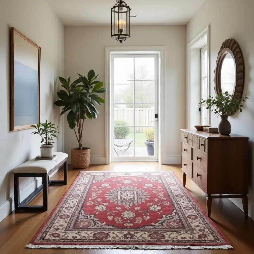 a photo of a classic oriental rug adding sophistication to an entryway