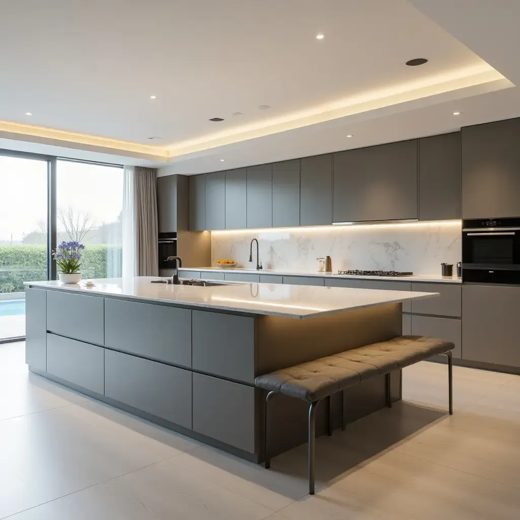 a photo of a minimalist kitchen island with sleek lines and integrated seating