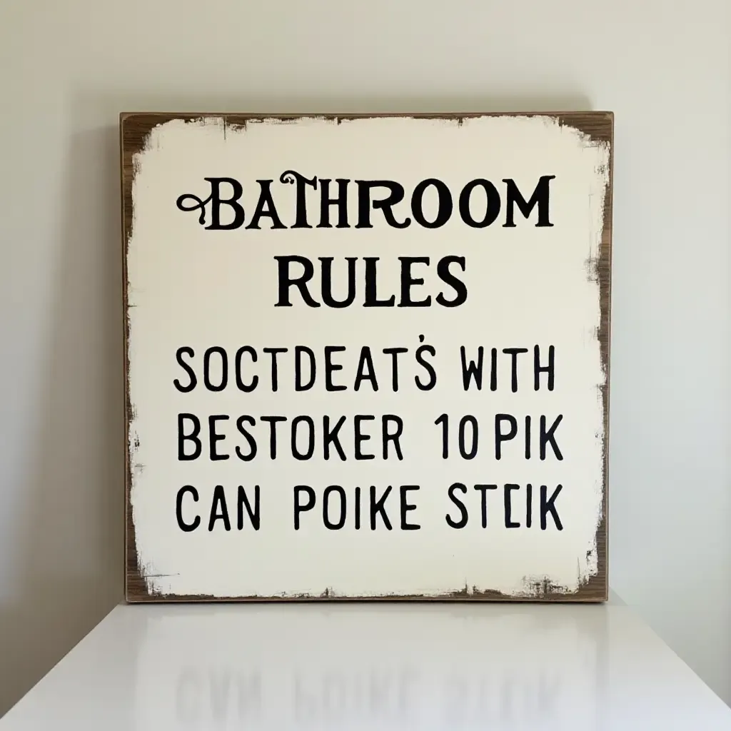 a photo of a painted wooden sign for bathroom rules