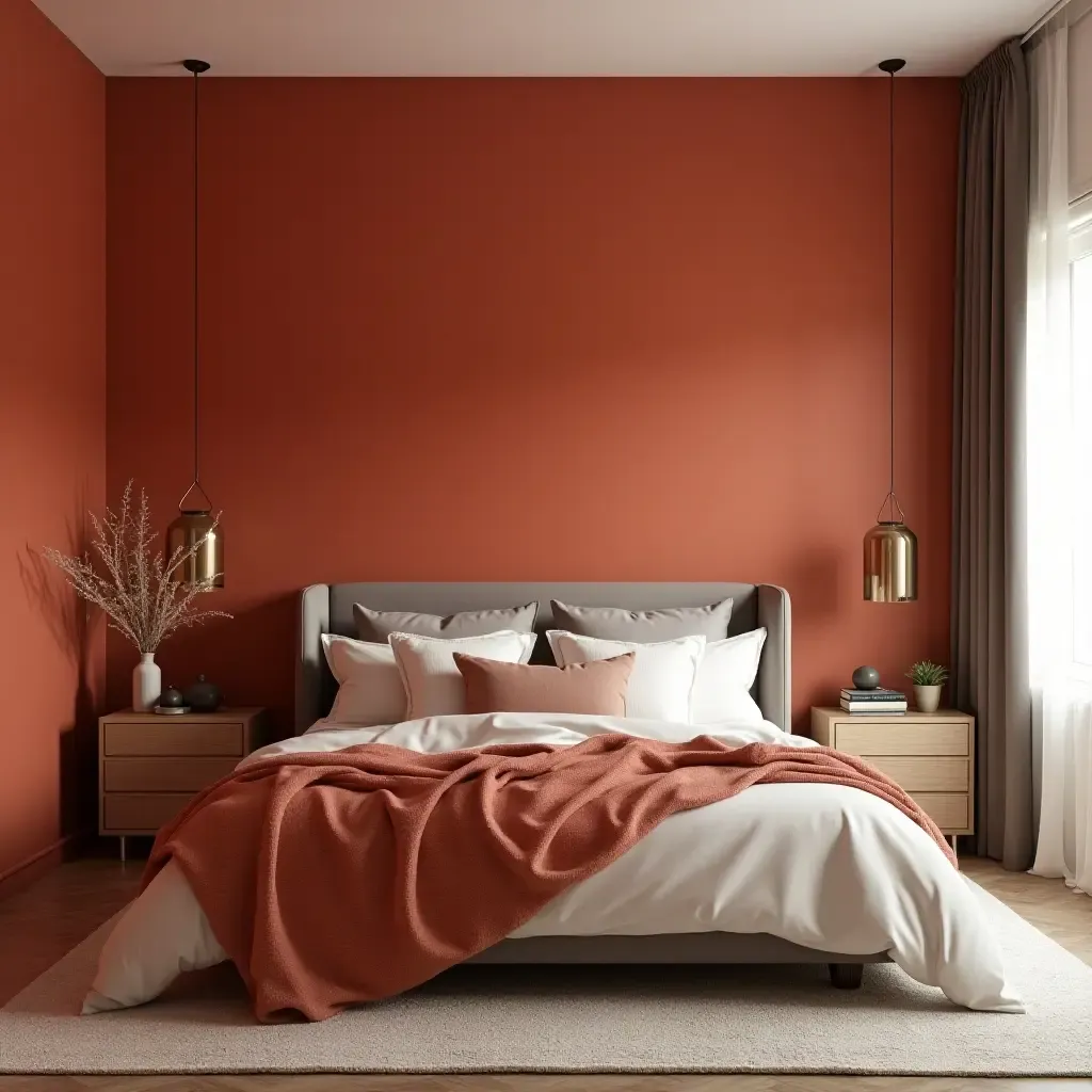 a photo of a chic bedroom featuring a bold color palette