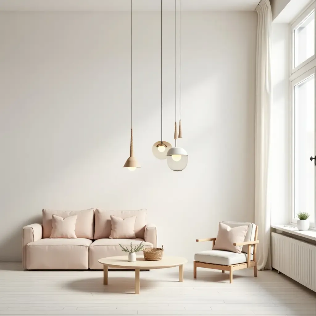 a photo of a Scandinavian living room with minimalist pendant lighting and soft pastel colors