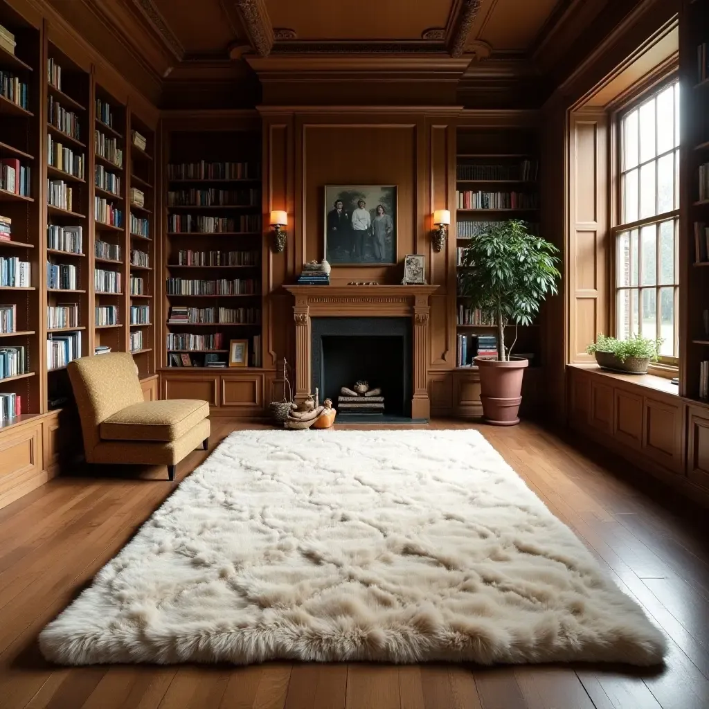 a photo of a large, plush rug in a spacious library with high ceilings