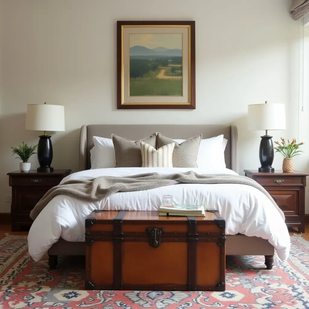 a photo of a stylish bedroom featuring a vintage trunk and patterned rugs