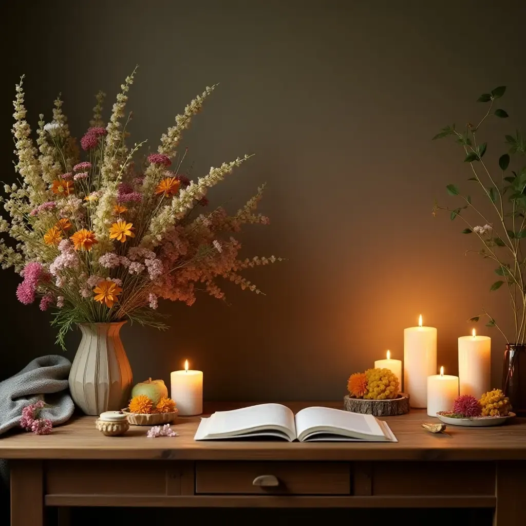 a photo of a wooden desk surrounded by wildflowers and candles