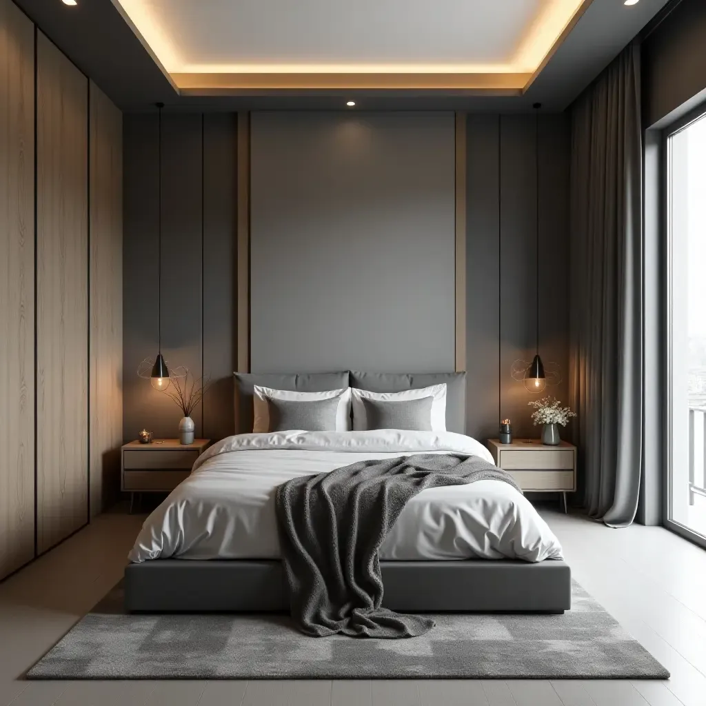 a photo of a contemporary bedroom with sleek lines and a monochromatic color scheme