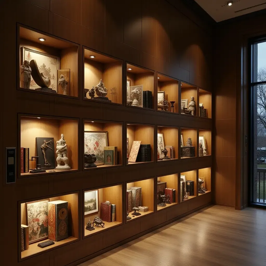 a photo of a library wall displaying unique shadow boxes