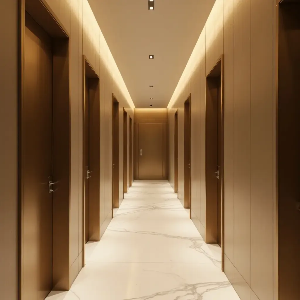 a photo of a minimalist corridor enhanced with metallic elements and soft lighting