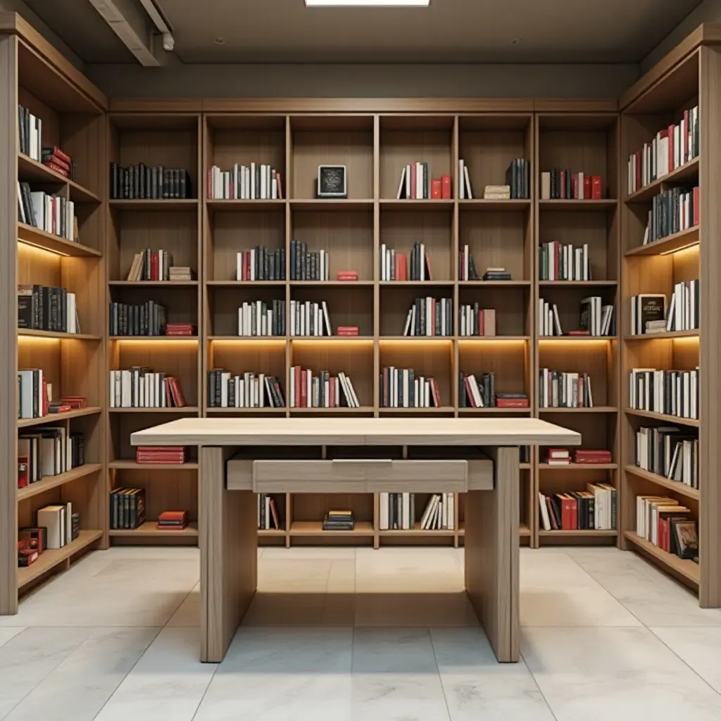 a photo of a library with a foldable table and efficient shelving