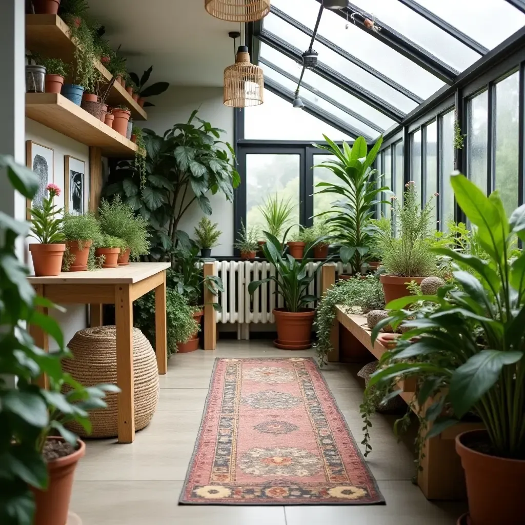 a photo of a basement greenhouse with Scandinavian decor and plenty of plants