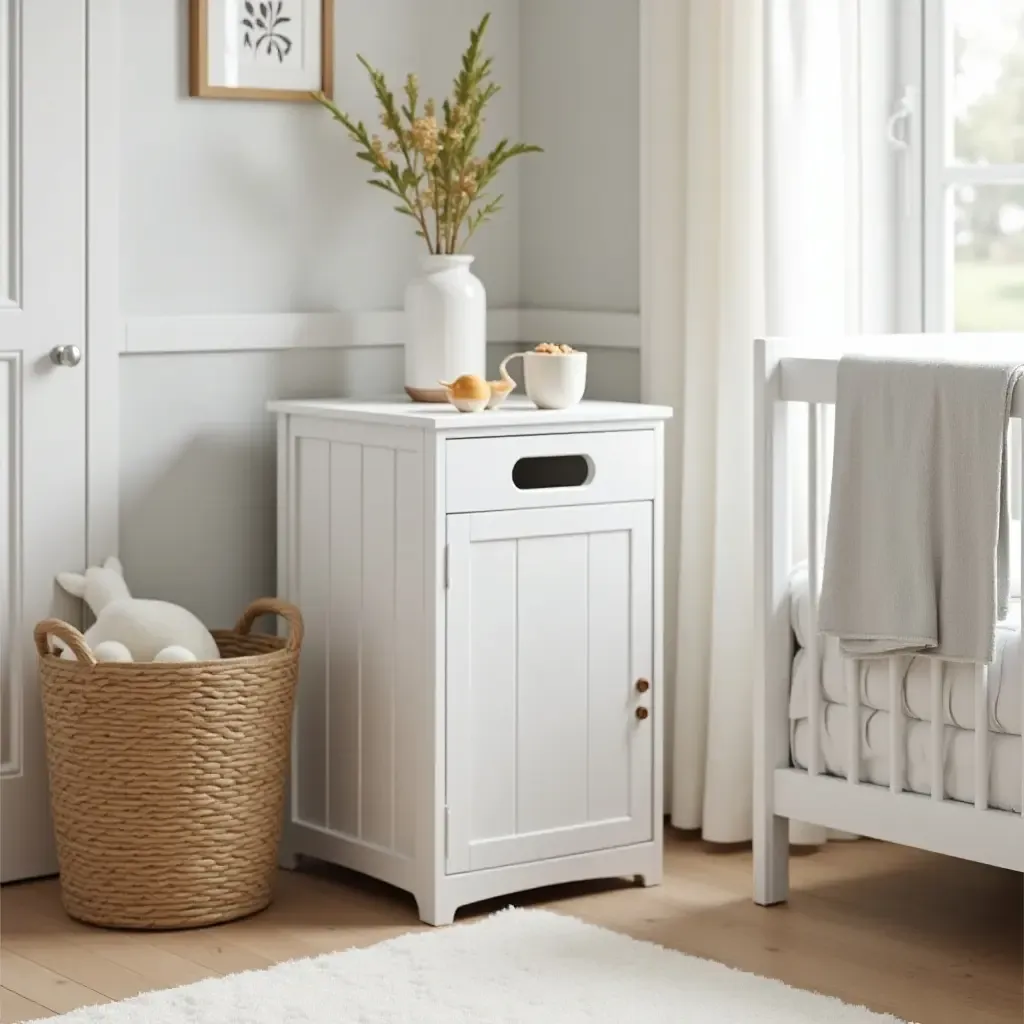 a photo of a nursery with a stylish laundry hamper