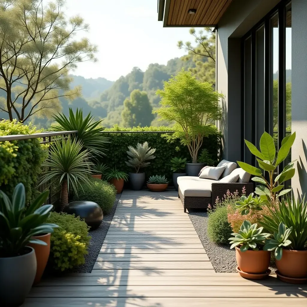 a photo of a balcony with a serene zen garden and potted plants