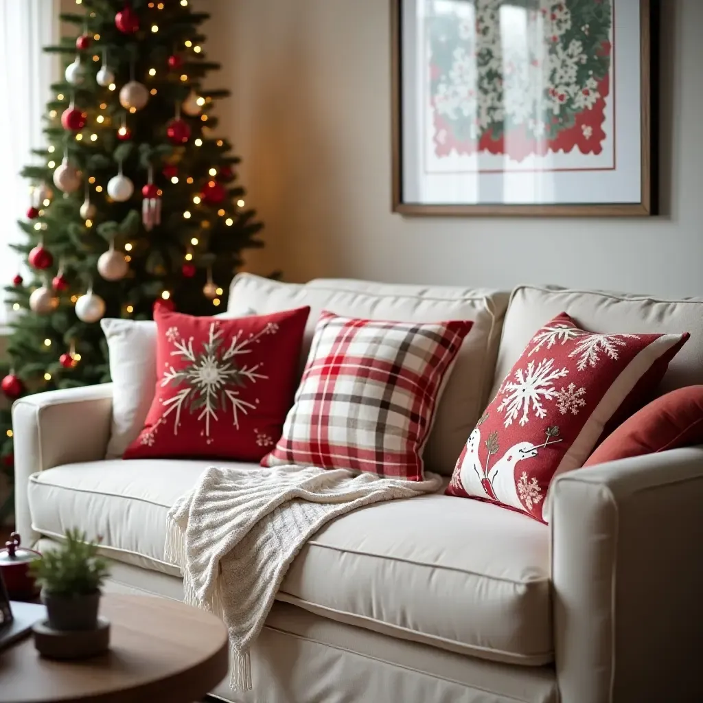 a photo of a festive living room decorated with holiday-themed throw pillows on a couch