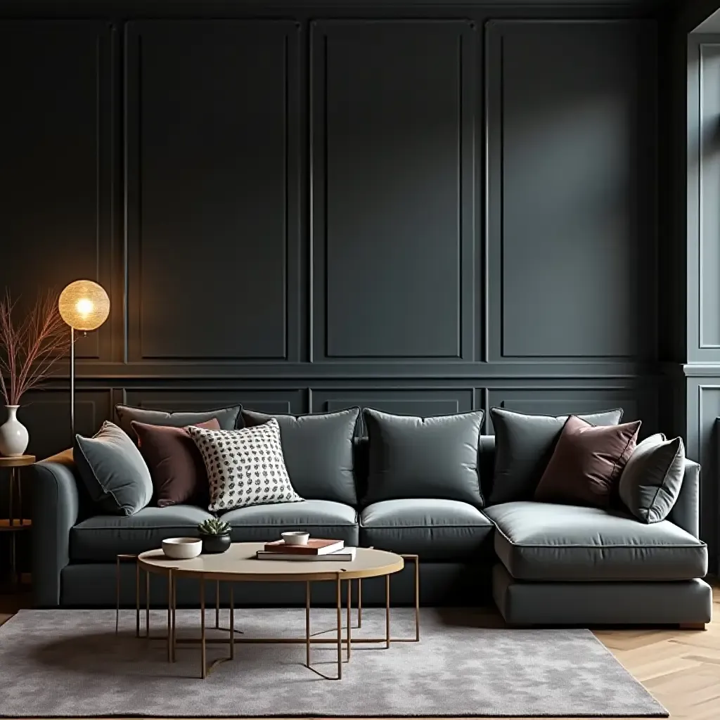 a photo of a dark grey living room with plush velvet sofas and chic accent pillows