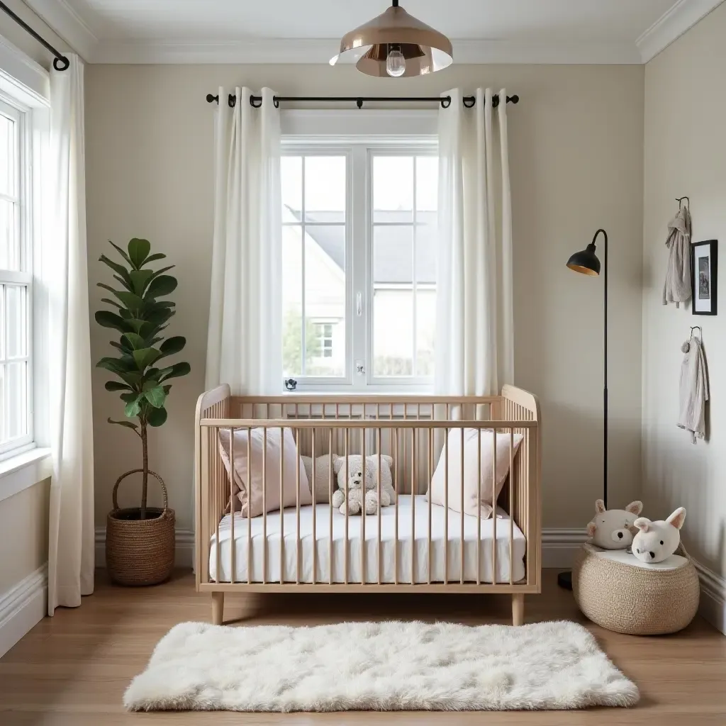 a photo of a nursery with metal accents and cozy, plush rugs