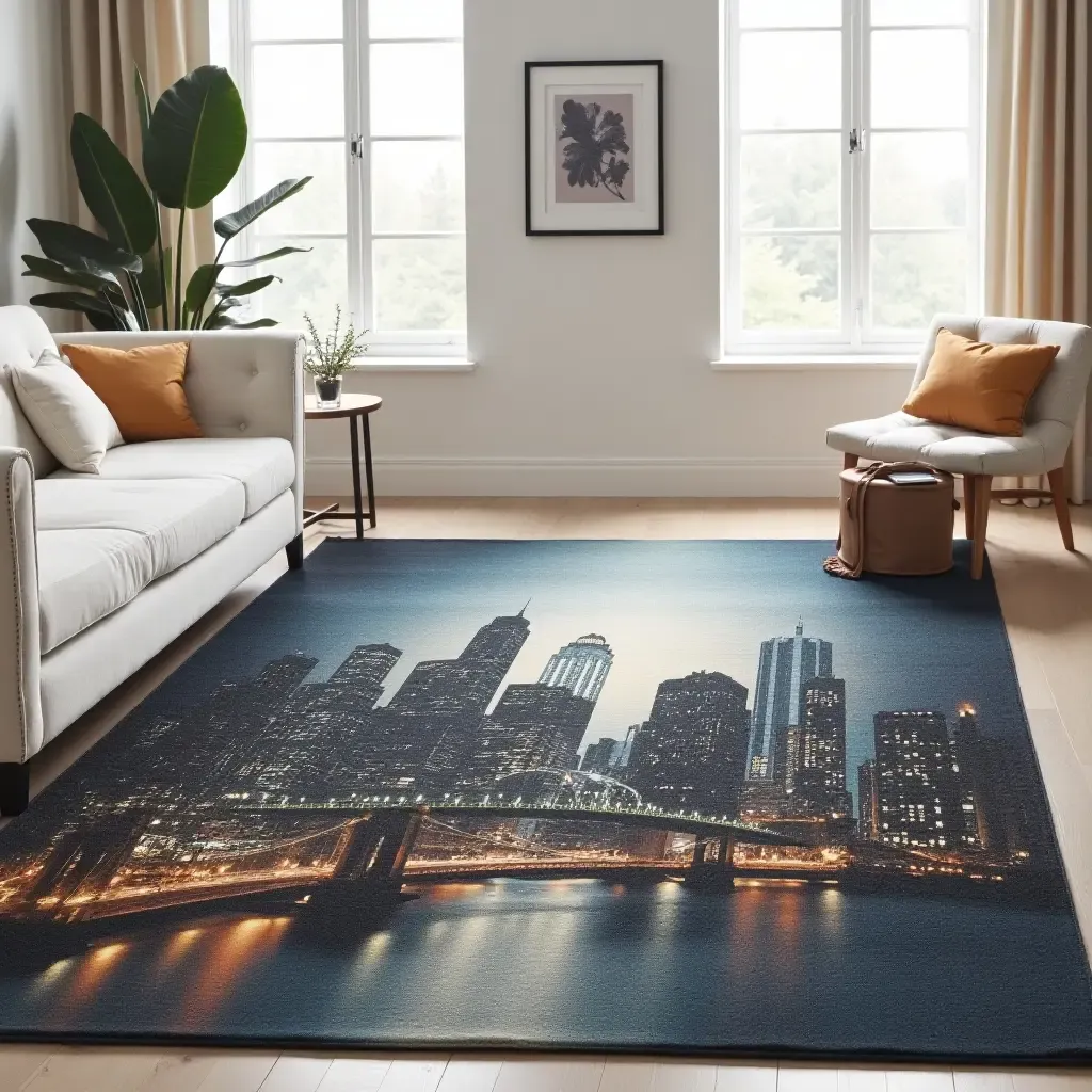 a photo of a stylish rug with a city skyline motif