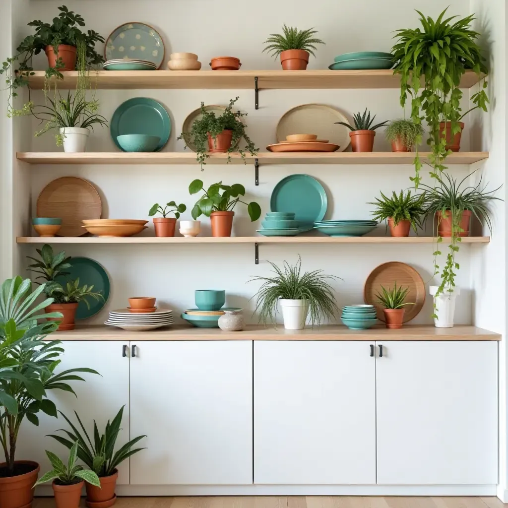 a photo of open shelving styled with vibrant plants and colorful dishware