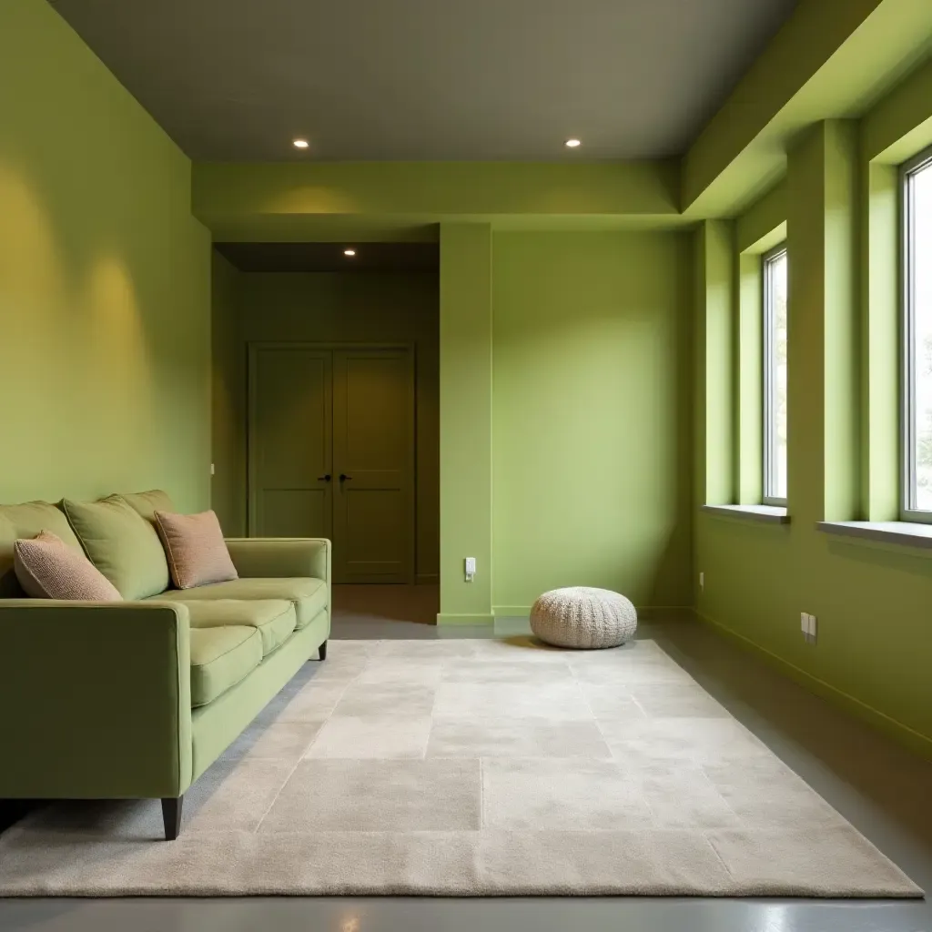 a photo of a basement with a fresh look in lime green and warm gray