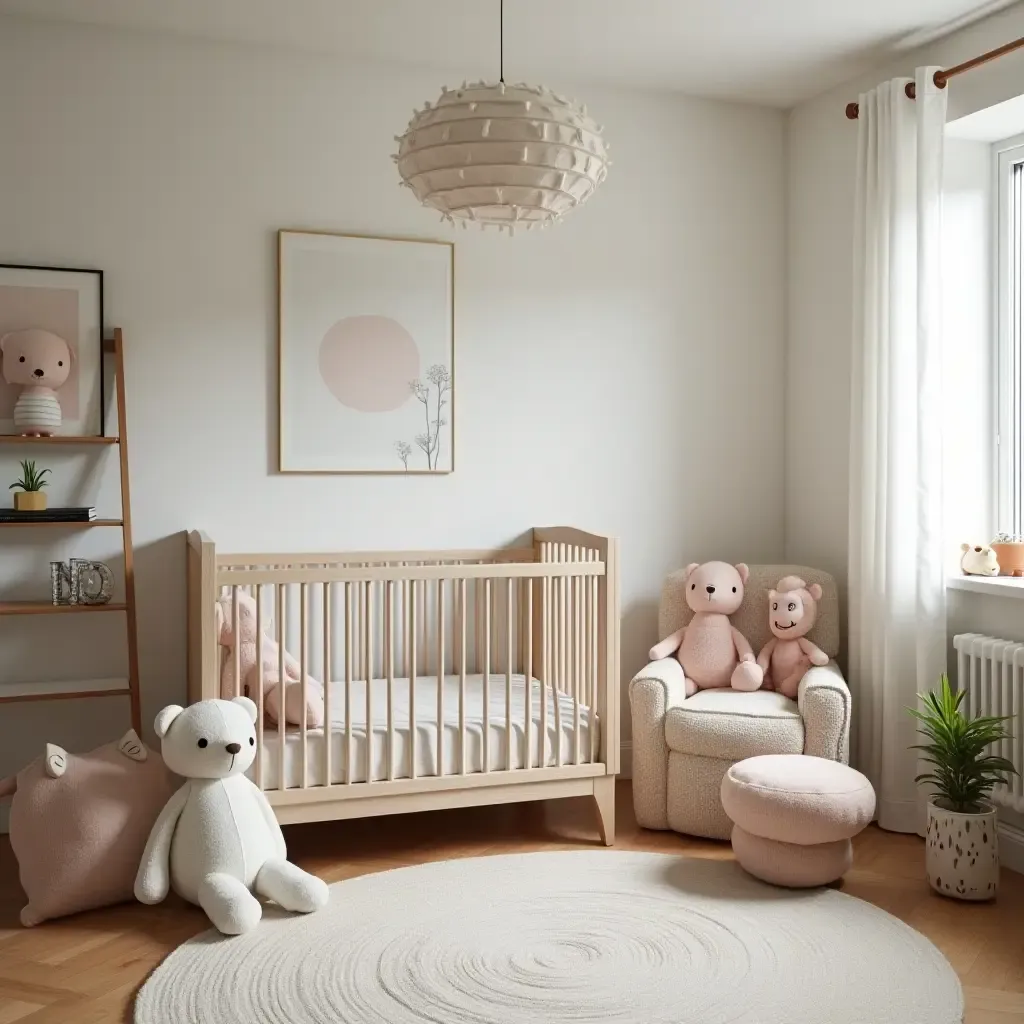 a photo of a nursery featuring a reading nook with plush toys and pillows